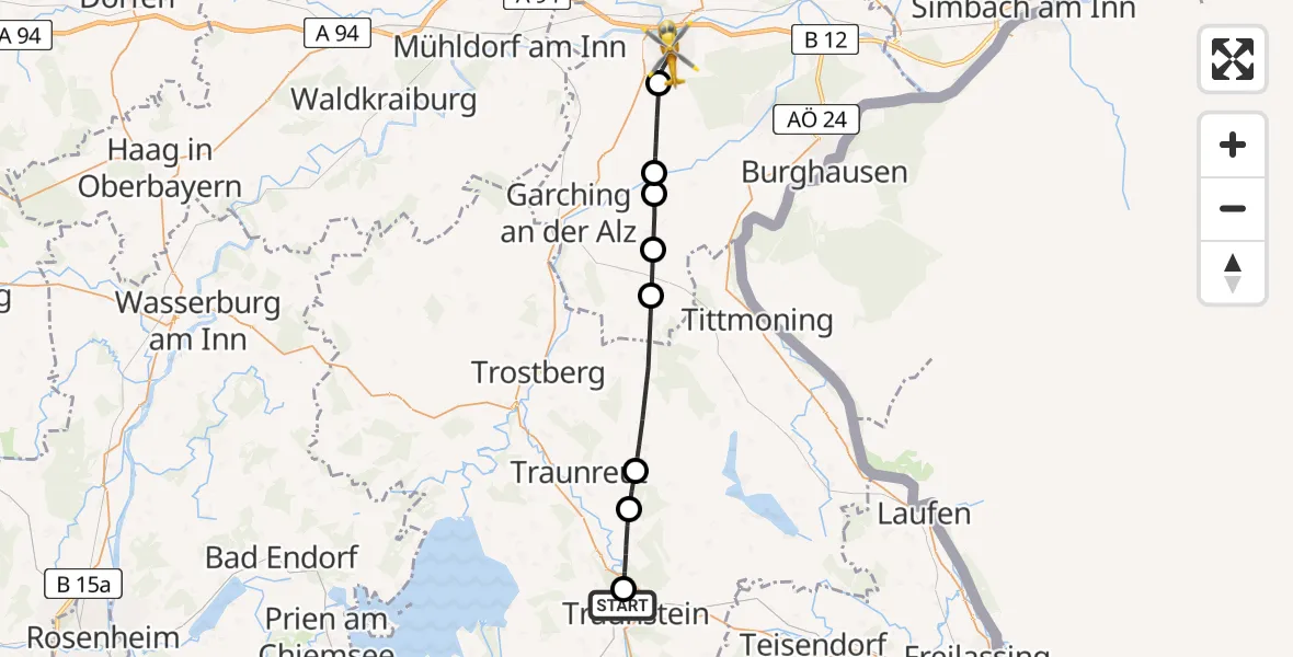 Flugroute Rettungshubschrauber Traunstein Hospital - Altötting-Burghausen District Hospital Altötting Hubschrauberlandeplatz, 17 Mai 2026, 14:51