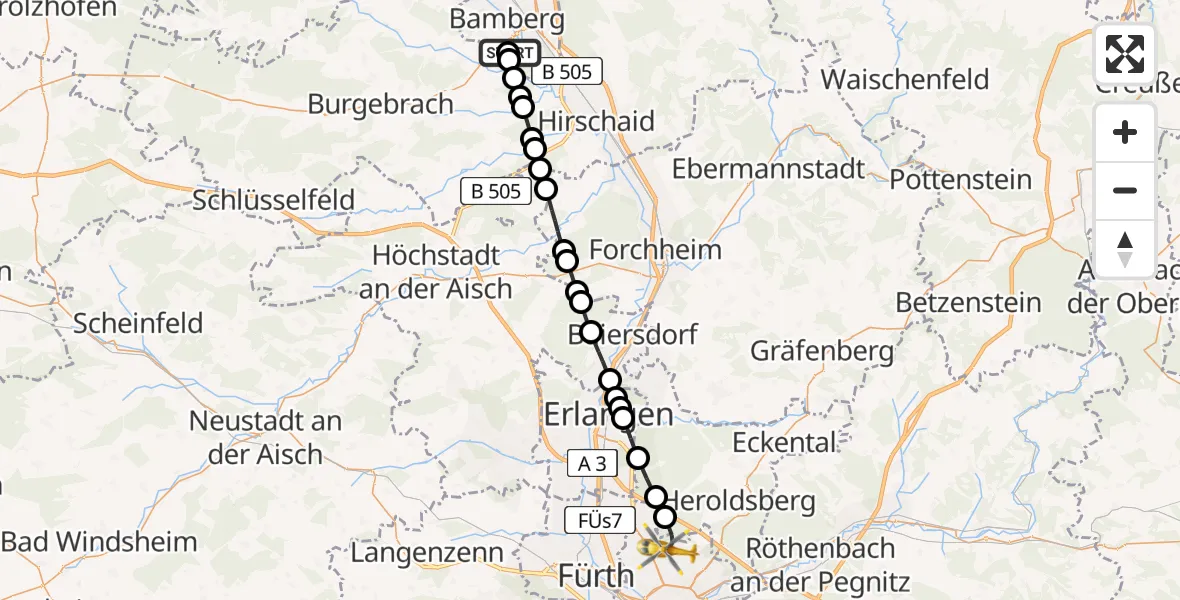 Flugroute Ambulanzhubschrauber Bamberg Hospital - Flughafen Nuremberg, 17 Mai 2026, 14:56