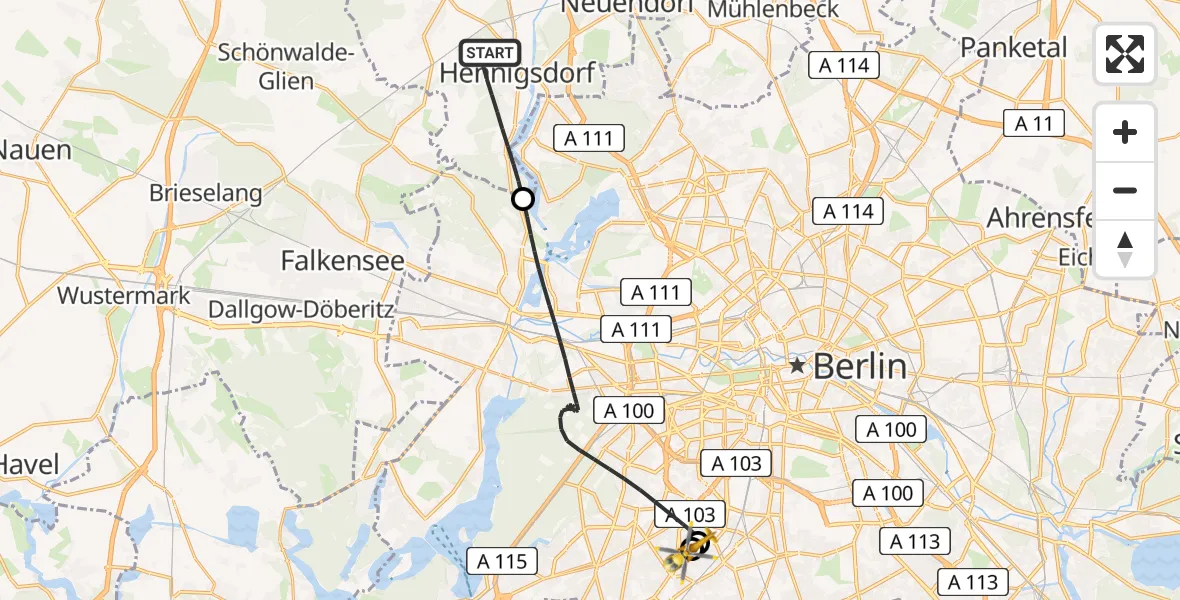 Flugroute Rettungshubschrauber Hennigsdorf - Charité Clinic Benjamin Franklin Campus, 17 Mai 2026, 15:00