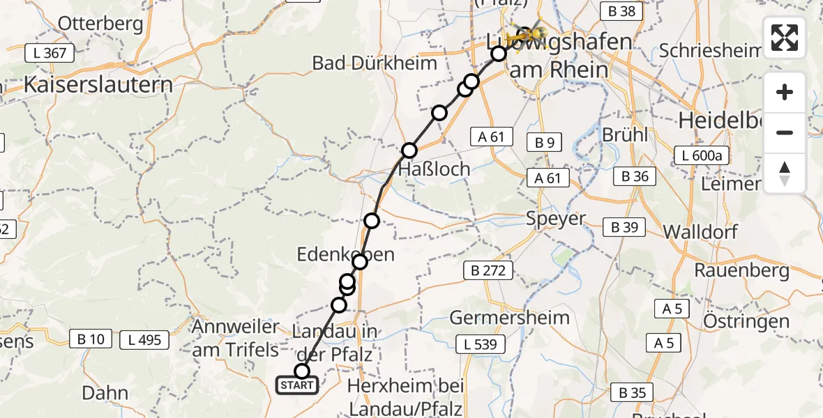 Flugroute Rettungshubschrauber Göcklingen - Ludwigshafen Accident Hospital, 17 Mai 2026, 15:00