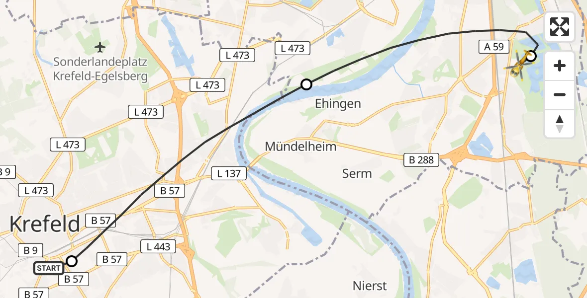 Flugroute Rettungshubschrauber Helios Clinic Krefeld - Duisburg Air Rescue Hubschrauberlandeplatz (Christoph 9), 17 Mai 2026, 15:05