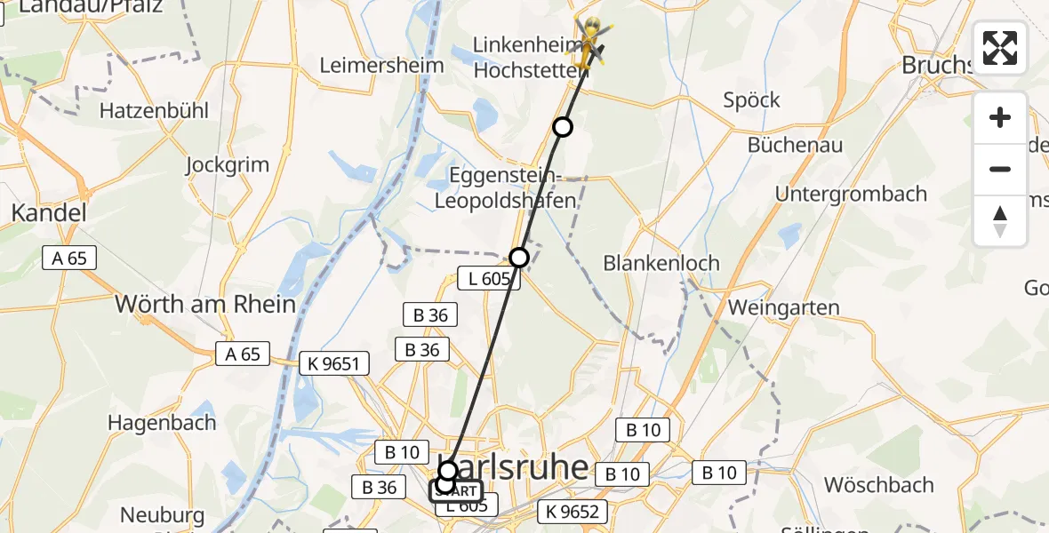 Flugroute Rettungshubschrauber Sankt Vincentius Hospital - Linkenheim-Hochstetten, 17 Mai 2026, 15:10