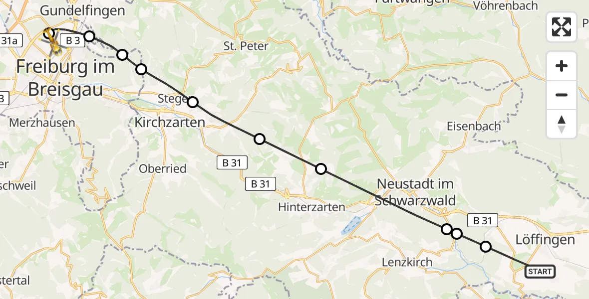 Flugroute Rettungshubschrauber Löffingen - Freiburg im Breisgau Flugplatz, 17 Mai 2026, 15:15