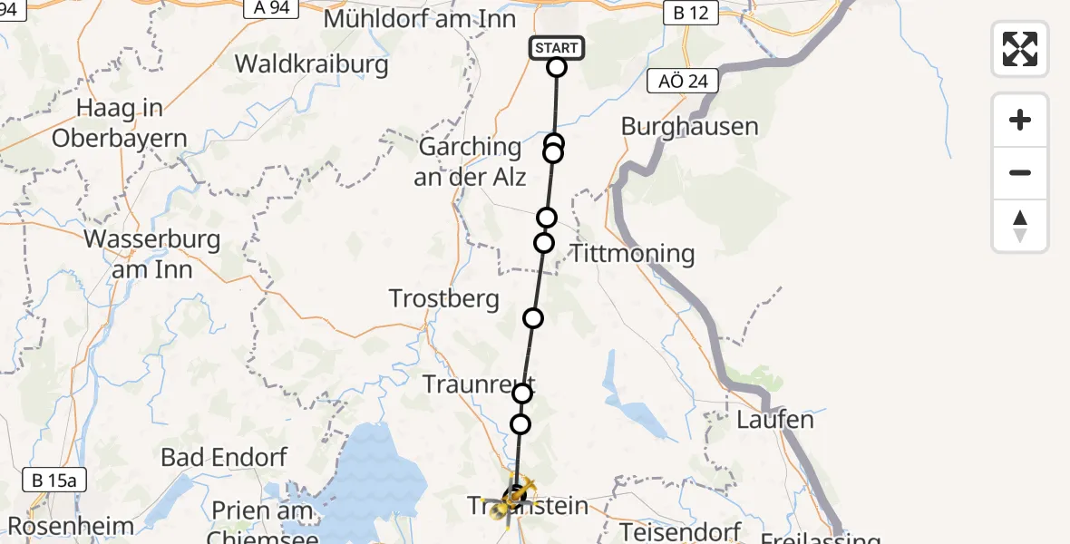 Flugroute Rettungshubschrauber Altötting - Traunstein Hospital, 17 Mai 2026, 15:18