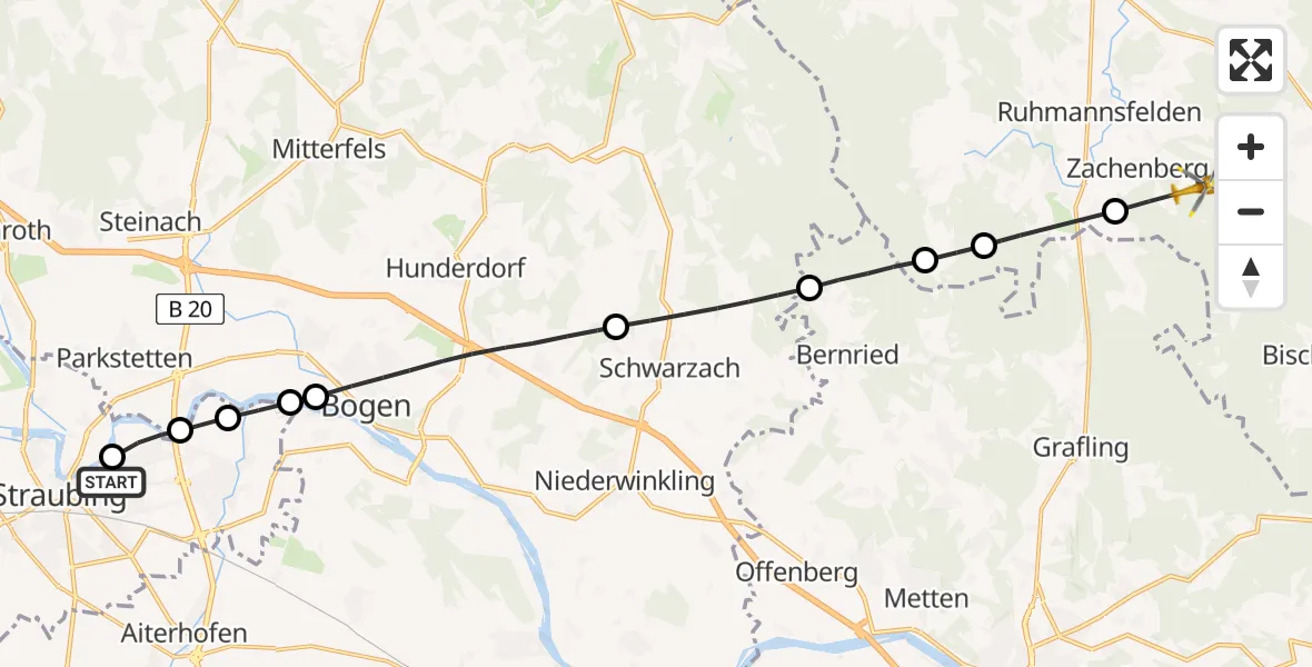 Flugroute Rettungshubschrauber Sankt Elisabeth Hospital Straubing - Zachenberg, 17 Mai 2026, 15:38