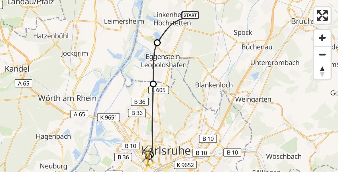 Flugroute Rettungshubschrauber Linkenheim-Hochstetten - Sankt Vincentius Hospital, 17 Mai 2026, 15:38