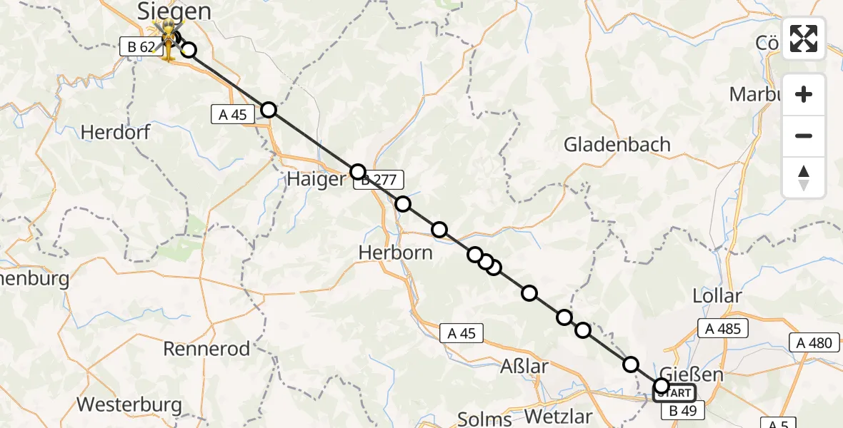 Flugroute Rettungshubschrauber Gießen - Evangelisches Jung-Stilling Hospital, 17 Mai 2026, 15:39