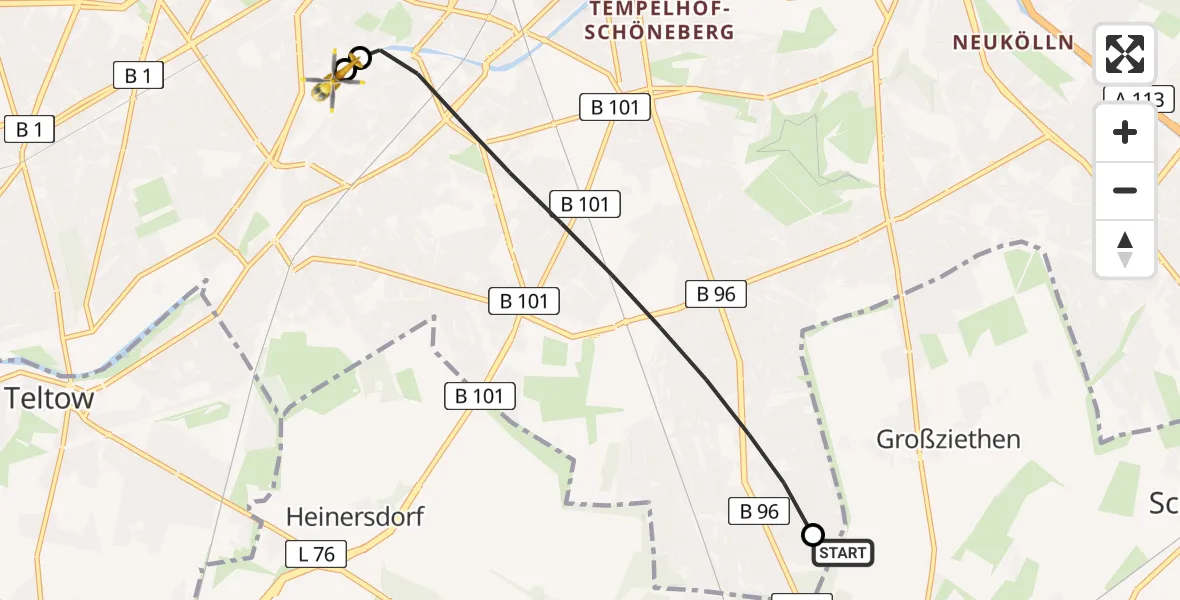 Flugroute Rettungshubschrauber Schönefeld - Charité Clinic Benjamin Franklin Campus, 17 Mai 2026, 15:46