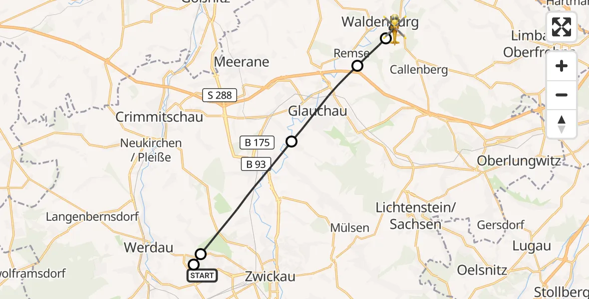 Flugroute Rettungshubschrauber ADAC Air Rescue Station Zwickau Hubschrauberlandeplatz - Waldenburg, 17 Mai 2026, 15:48
