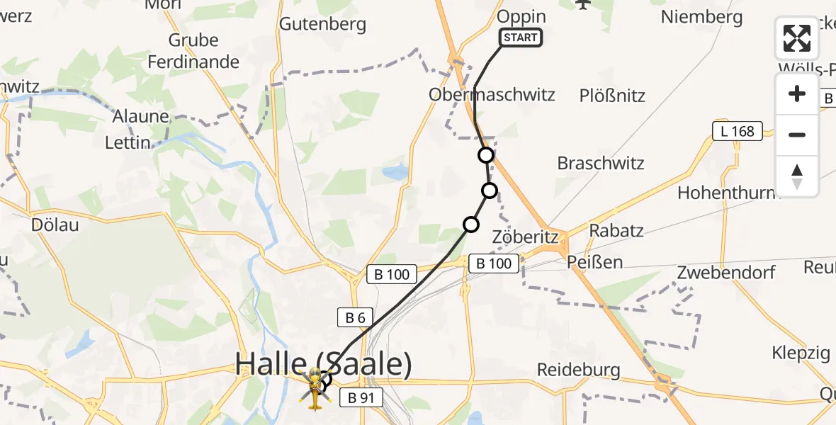 Flugroute Rettungshubschrauber Landsberg - Sankt Elisabeth and Sankt Barbara Hospital Halle (Saale), 17 Mai 2026, 15:55