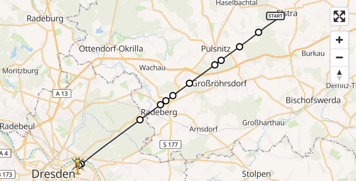 Flugroute Rettungshubschrauber Elstra - Dresden University Hospital, 17 Mai 2026, 15:55