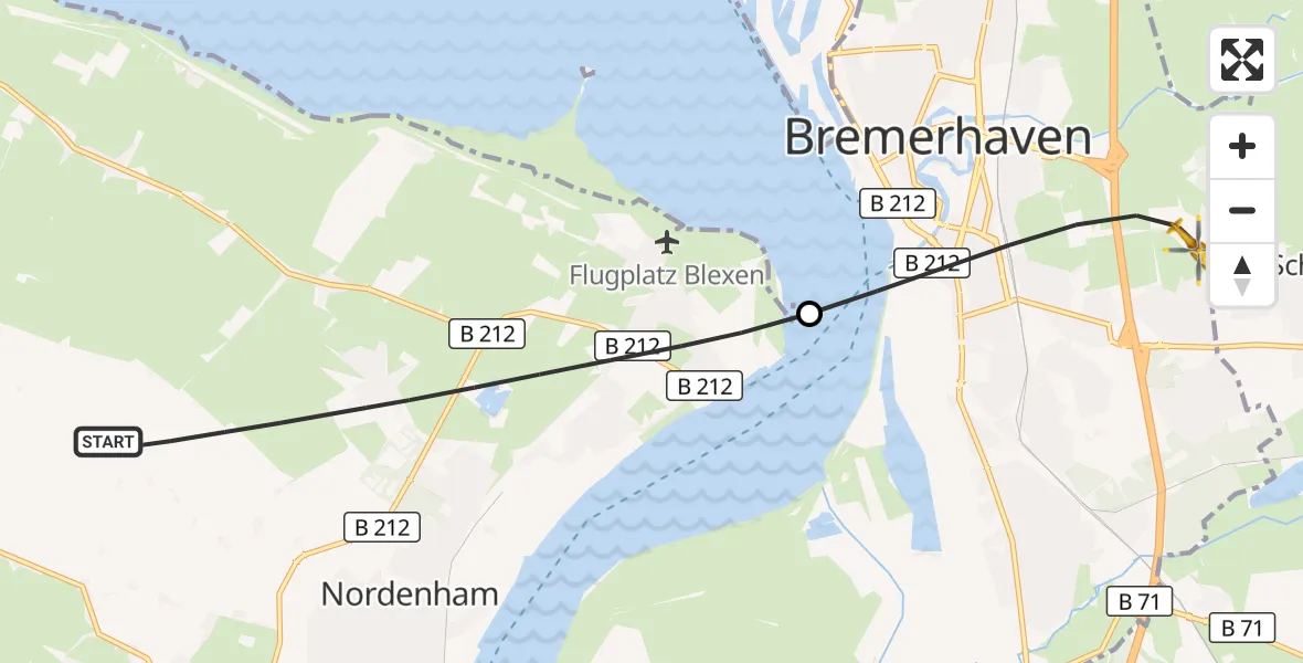 Flugroute Rettungshubschrauber Nordenham - Bremerhaven, 17 Mai 2026, 16:04