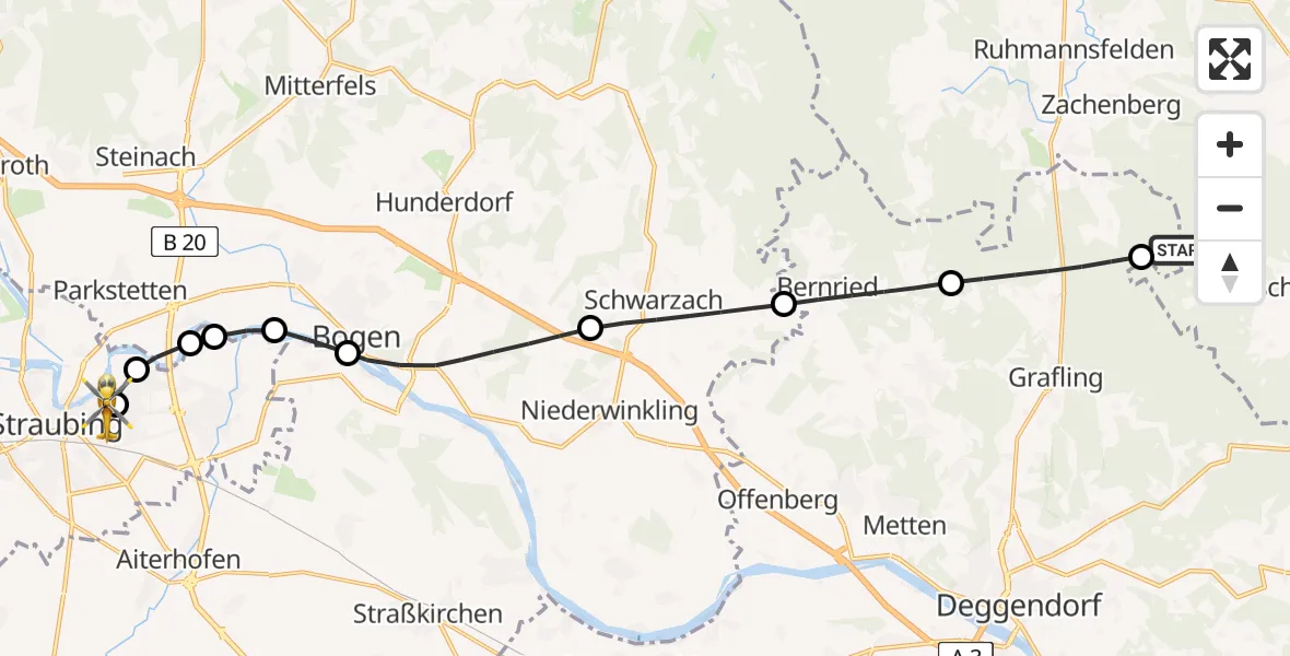 Flugroute Rettungshubschrauber Bischofsmais - Sankt Elisabeth Hospital Straubing, 17 Mai 2026, 16:12