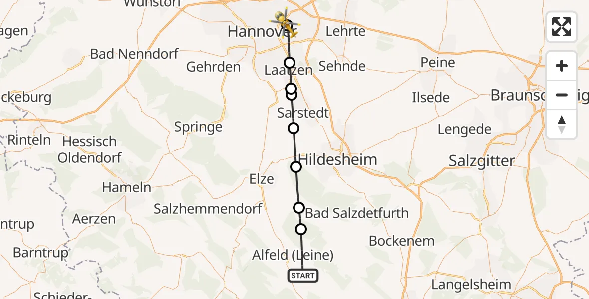 Flugroute Rettungshubschrauber Alfeld (Leine) - Hannover Luftrettung Hubschrauberlandeplatz (Christoph 4), 17 Mai 2026, 16:20