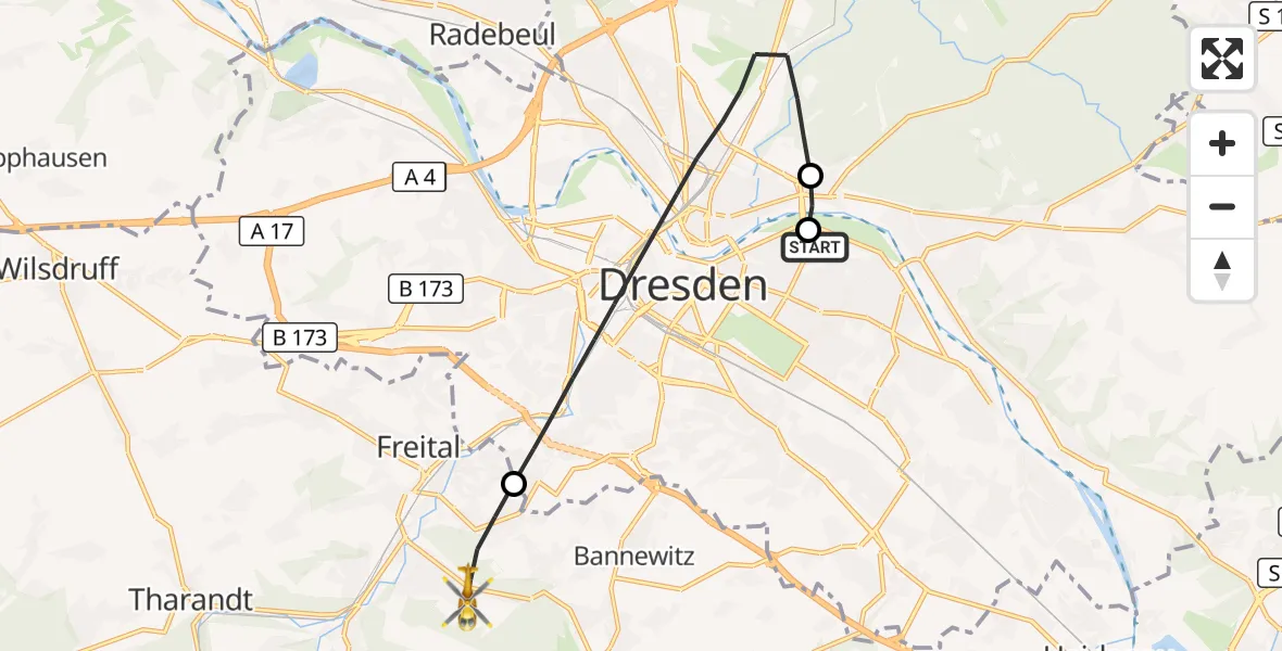 Flugroute Rettungshubschrauber Dresden University Hospital - Freital, 17 Mai 2026, 16:24