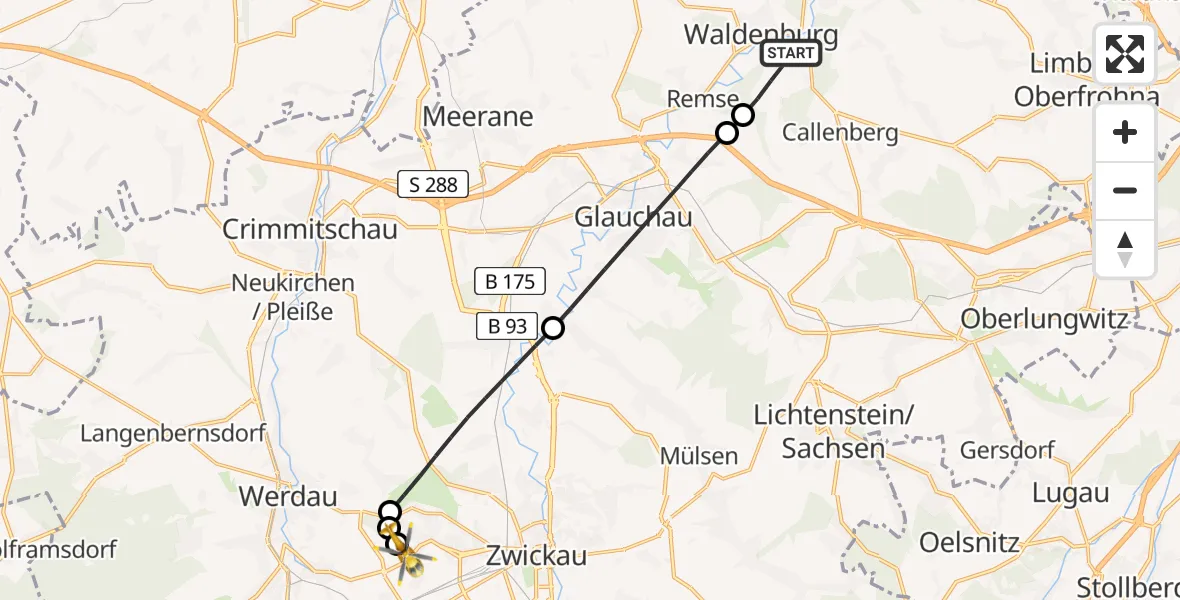 Flugroute Rettungshubschrauber Waldenburg - ADAC Air Rescue Station Zwickau Hubschrauberlandeplatz, 17 Mai 2026, 16:25