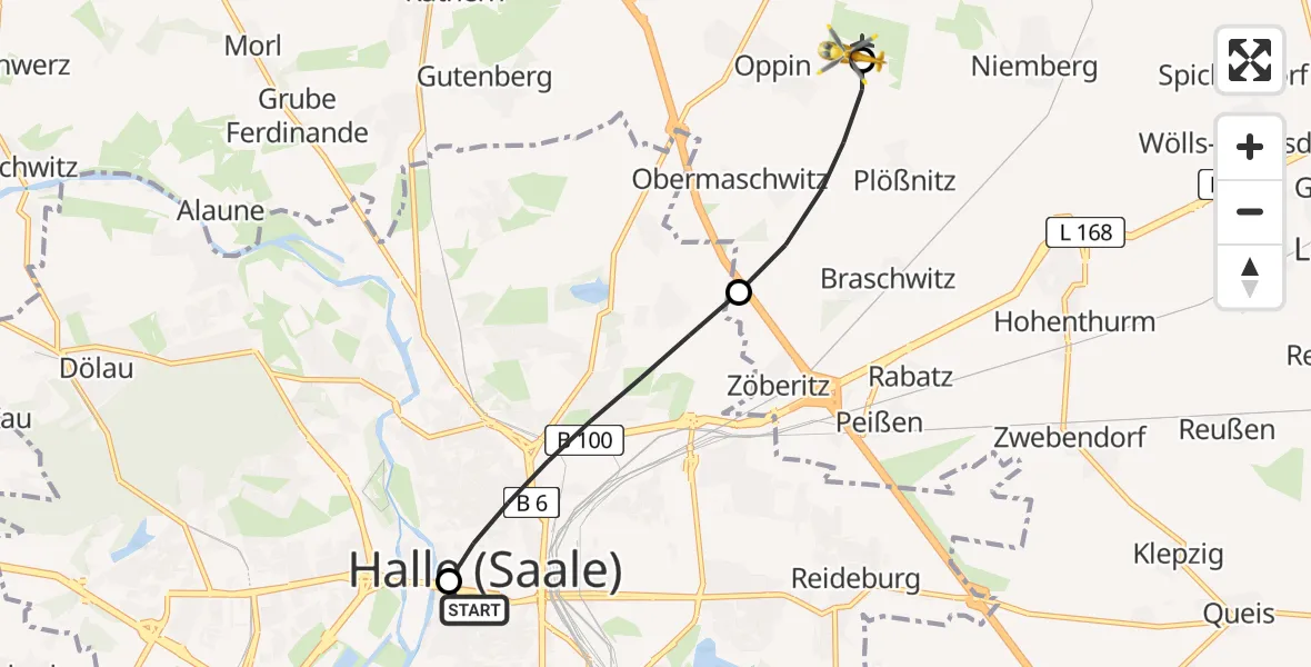 Flugroute Rettungshubschrauber Sankt Elisabeth and Sankt Barbara Hospital Halle (Saale) - Halle-Oppin Flugplatz, 17 Mai 2026, 16:27
