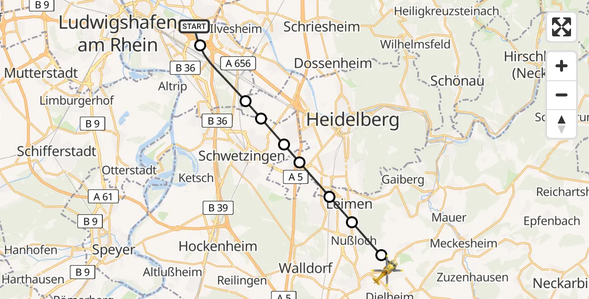 Flugroute Rettungshubschrauber Mannheim-City Flughafen - Wiesloch, 17 Mai 2026, 16:43