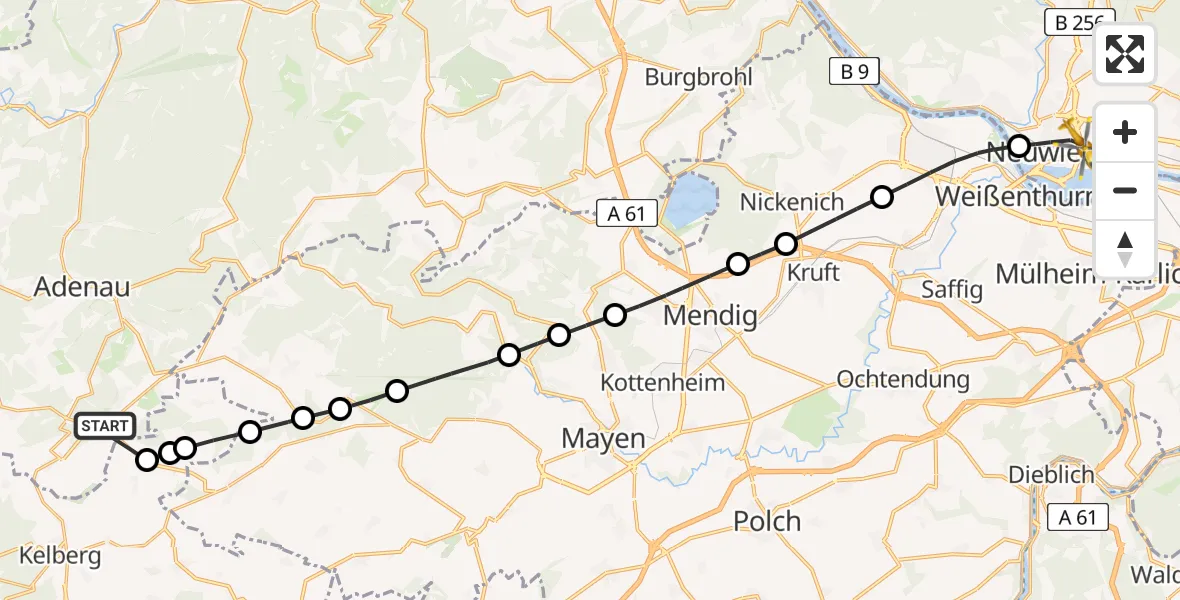 Flugroute Ambulanzhubschrauber Nürburgring Hubschrauberlandeplatz - Neuwied, 17 Mai 2026, 16:56