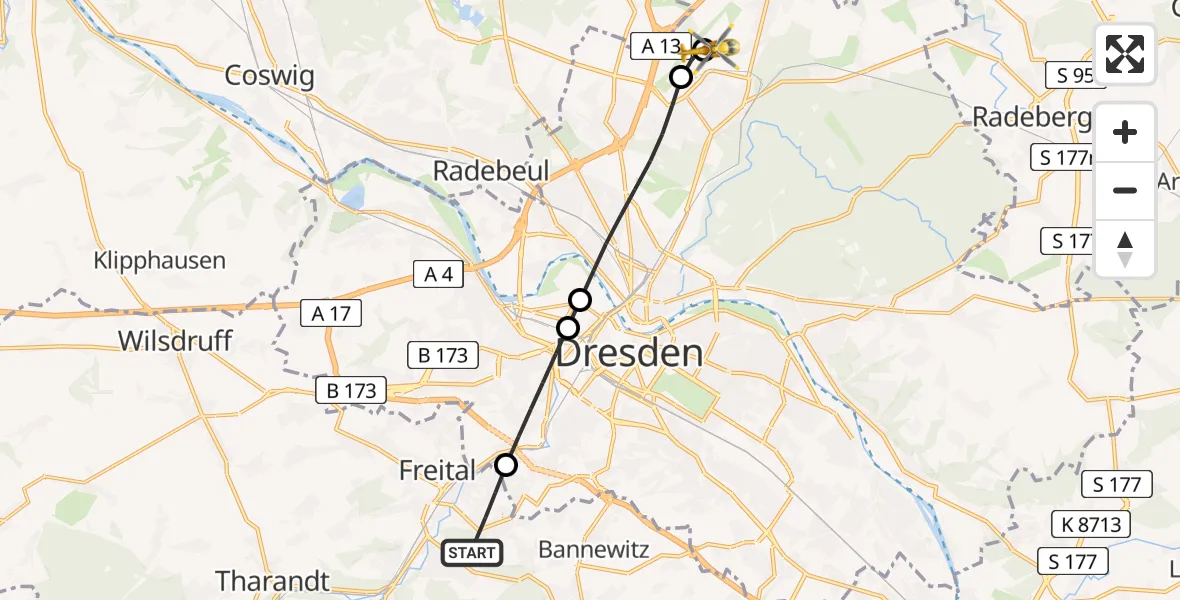 Flugroute Rettungshubschrauber Freital - Dresden Bundespolizei Hubschrauberlandeplatz, 17 Mai 2026, 16:58