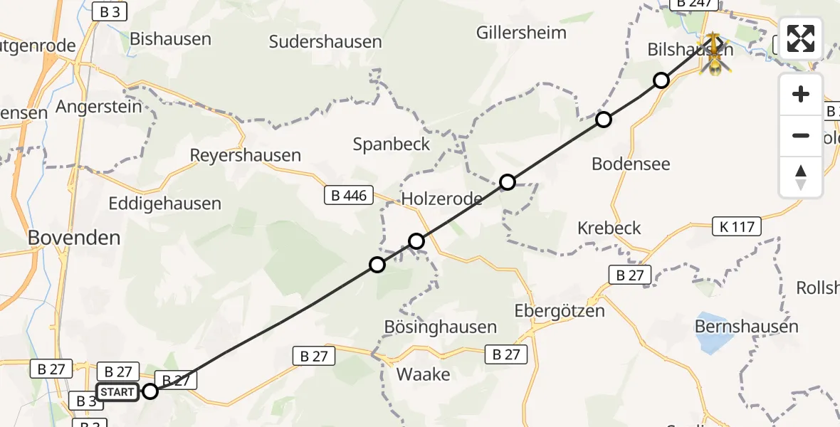 Flugroute Rettungshubschrauber Göttingen University Clinic Hubschrauberlandeplatz - Bilshausen, 17 Mai 2026, 17:11