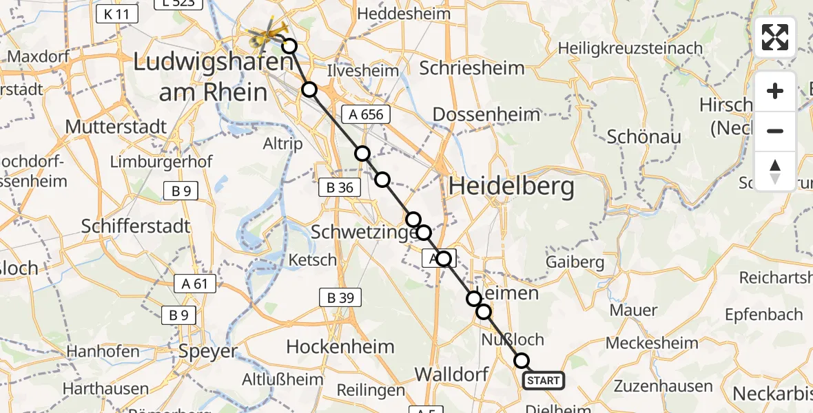 Flugroute Rettungshubschrauber Wiesloch - Mannheim, 17 Mai 2026, 17:27