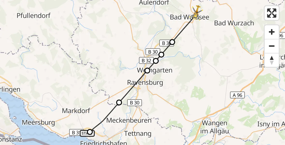 Flugroute Rettungshubschrauber Friedrichshafen Hospital - Bad Waldsee, 17 Mai 2026, 17:39