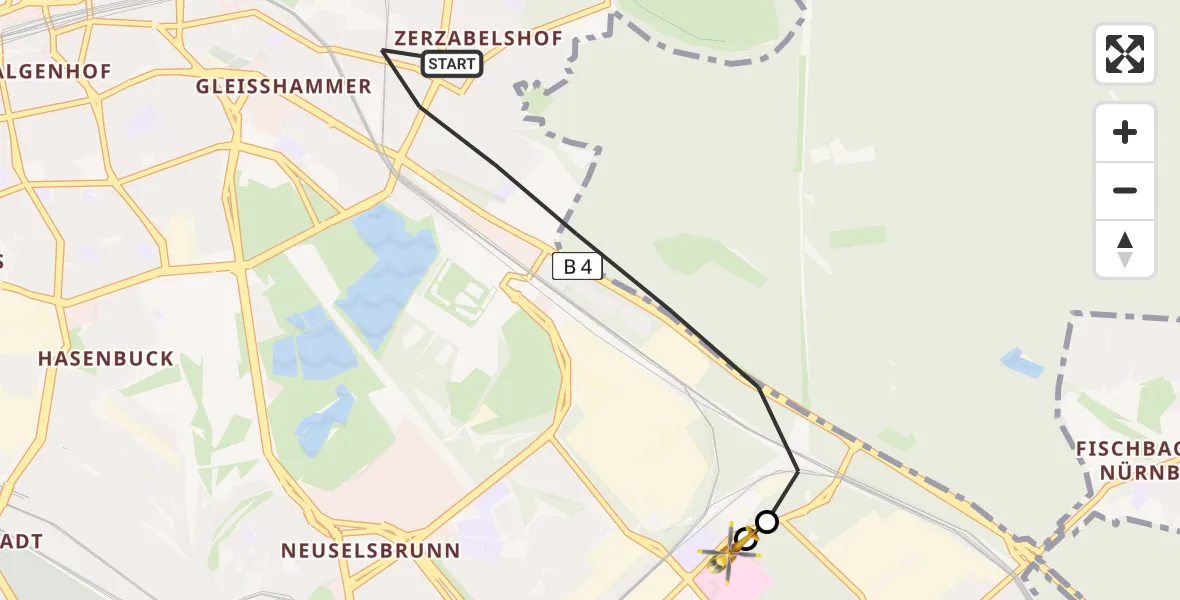 Flugroute Ambulanzhubschrauber Nürnberg - Nürnberg South Hospital, 17 Mai 2026, 17:41