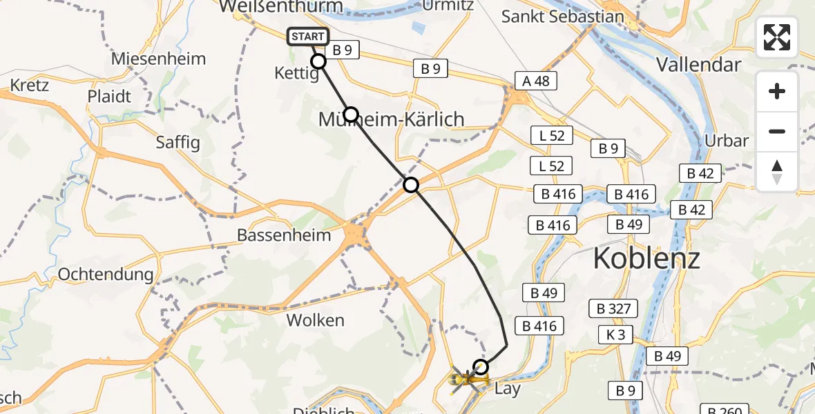 Flugroute Ambulanzhubschrauber Weißenthurm - Koblenz-Winningen Flugplatz, 17 Mai 2026, 17:44