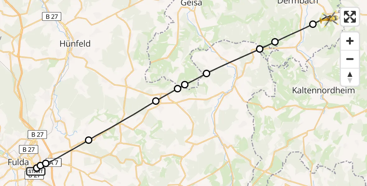 Flugroute Rettungshubschrauber Fulda Hospital - Wiesenthal, 17 Mai 2026, 17:49