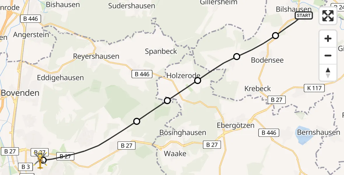Flugroute Rettungshubschrauber Bilshausen - Göttingen University Clinic Hubschrauberlandeplatz, 17 Mai 2026, 17:50