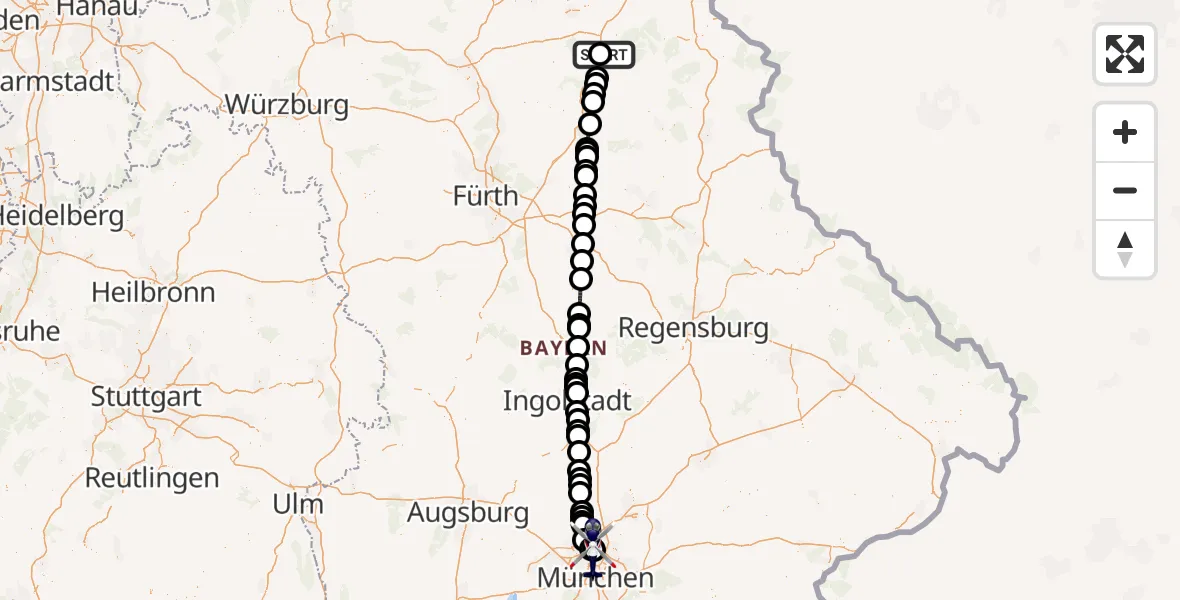 Flugroute Polizeihubschrauber Bindlach - Oberschleißheim, 17 Mai 2026, 18:04