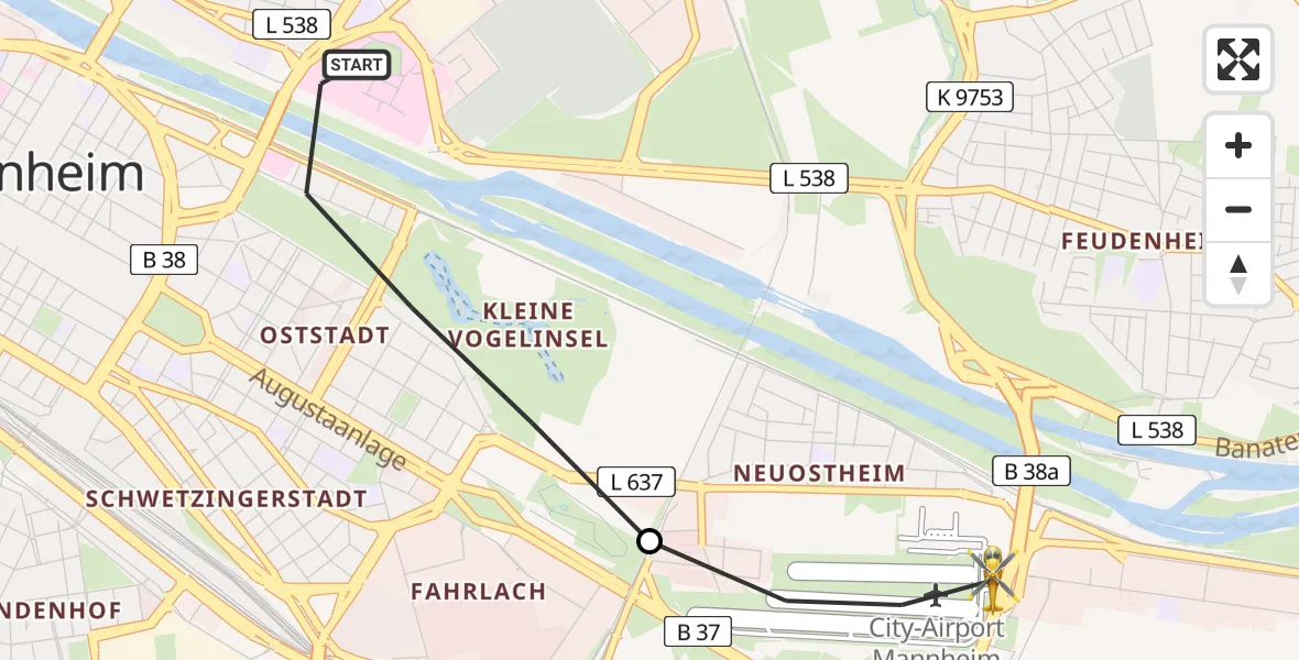 Flugroute Rettungshubschrauber Mannheim - Mannheim-City Flughafen, 17 Mai 2026, 18:06