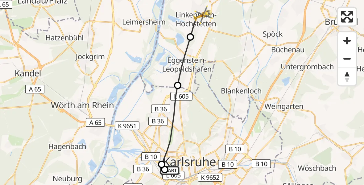 Flugroute Rettungshubschrauber Sankt Vincentius Hospital - Linkenheim-Hochstetten, 17 Mai 2026, 18:06