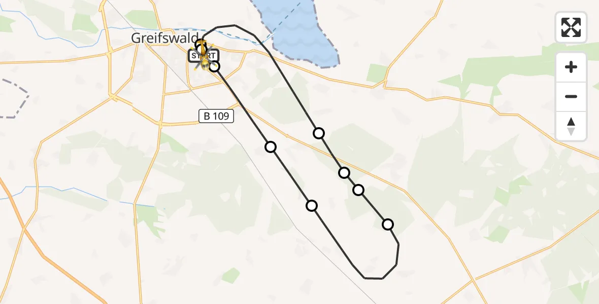 Flugroute Rettungshubschrauber Greifswald Hospital - Greifswald Hospital, 17 Mai 2026, 18:09