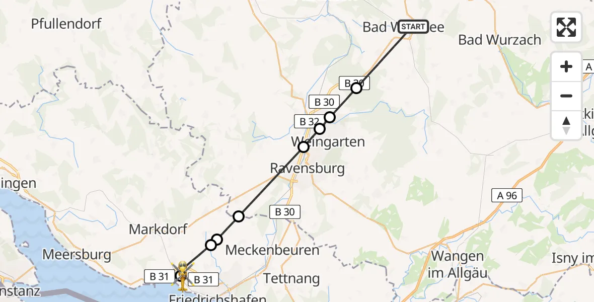 Flugroute Rettungshubschrauber Bad Waldsee - Friedrichshafen Hospital, 17 Mai 2026, 18:13