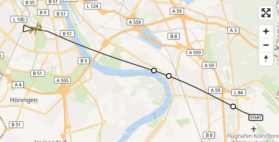 Flugroute Rettungshubschrauber Köln Bonn Flughafen - Köln, 17 Mai 2026, 18:16