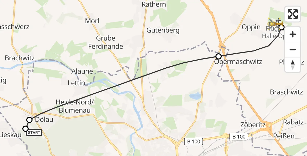 Flugroute Rettungshubschrauber Martha-Maria Halle-Dölau Hospital - Halle-Oppin Flugplatz, 17 Mai 2026, 18:19