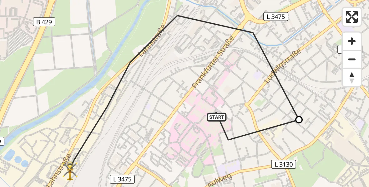 Flugroute Rettungshubschrauber Gießen University Hospital - Gießen, 17 Mai 2026, 18:21