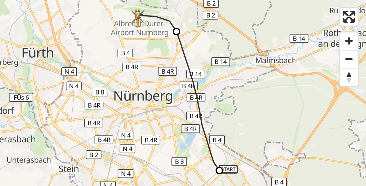 Flugroute Ambulanzhubschrauber Nürnberg South Hospital - Flughafen Nuremberg, 17 Mai 2026, 18:26