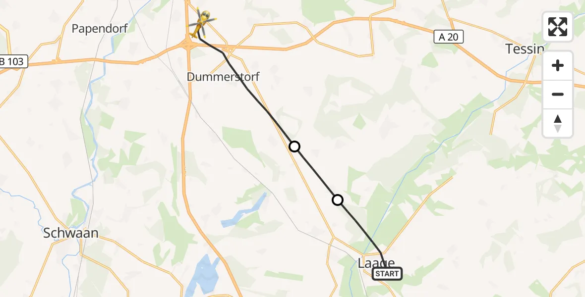 Flugroute Ambulanzhubschrauber Laage - Dummerstorf, 17 Mai 2026, 18:30