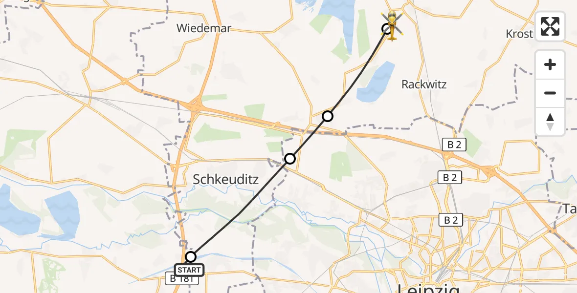 Flugroute Rettungshubschrauber ADAC Air Rescue Station Leipzig/Schkeuditz-Dölzig Hubschrauberlandeplatz (Christoph 61) - Rackwitz, 17 Mai 2026, 18:40