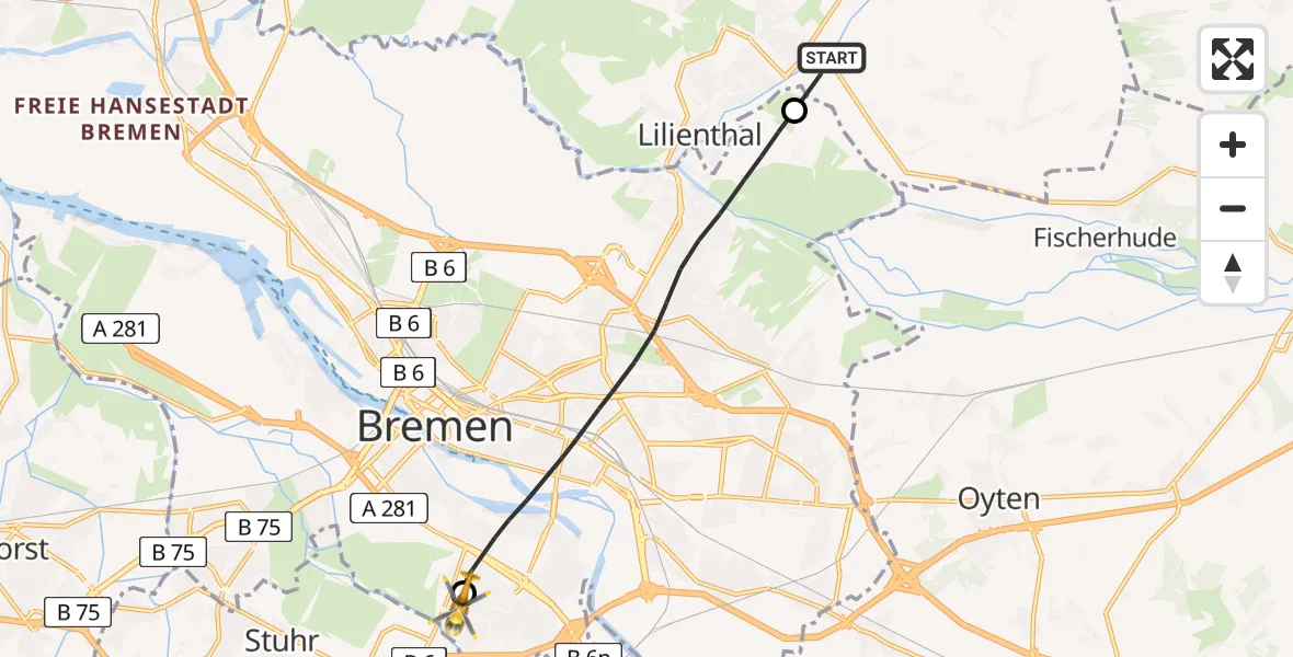 Flugroute Rettungshubschrauber Lilienthal - ADAC Air Rescue Station Bremen Hubschrauberlandeplatz (Christoph 6), 17 Mai 2026, 18:48