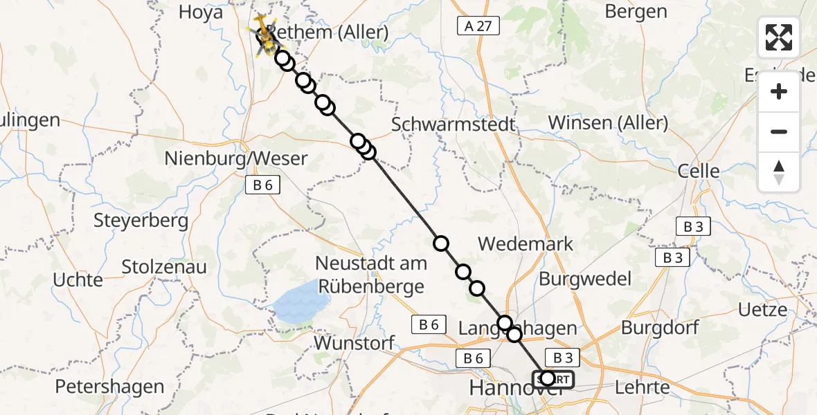 Flugroute Rettungshubschrauber Hannover Luftrettung Hubschrauberlandeplatz (Christoph 4) - Hämelhausen, 17 Mai 2026, 18:49