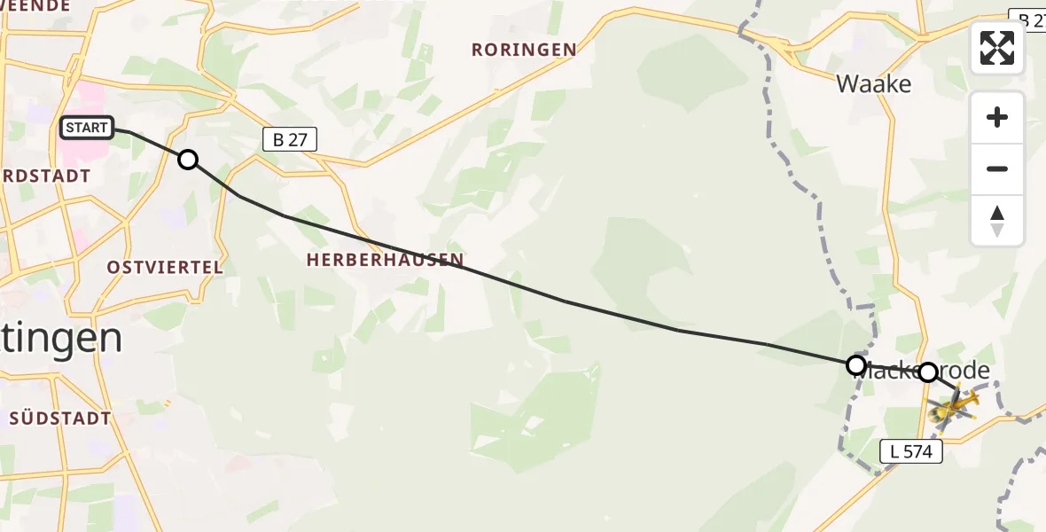 Flugroute Rettungshubschrauber Göttingen University Clinic Hubschrauberlandeplatz - Landolfshausen, 17 Mai 2026, 18:51