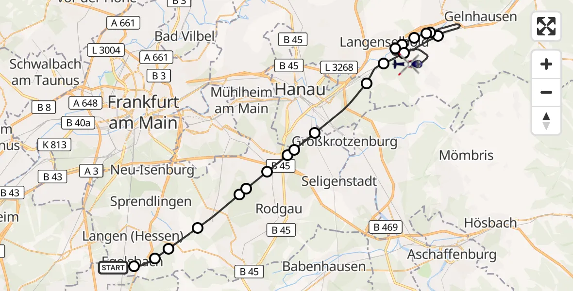 Flugroute Polizeihubschrauber Flughafen Frankfurt-Egelsbach - Hasselroth, 17 Mai 2026, 18:59