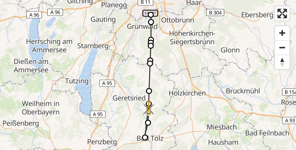 Flugroute Rettungshubschrauber ADAC Air Rescue Center Hubschrauberlandeplatz (Christoph 1) - Dietramszell, 17 Mai 2026, 19:02