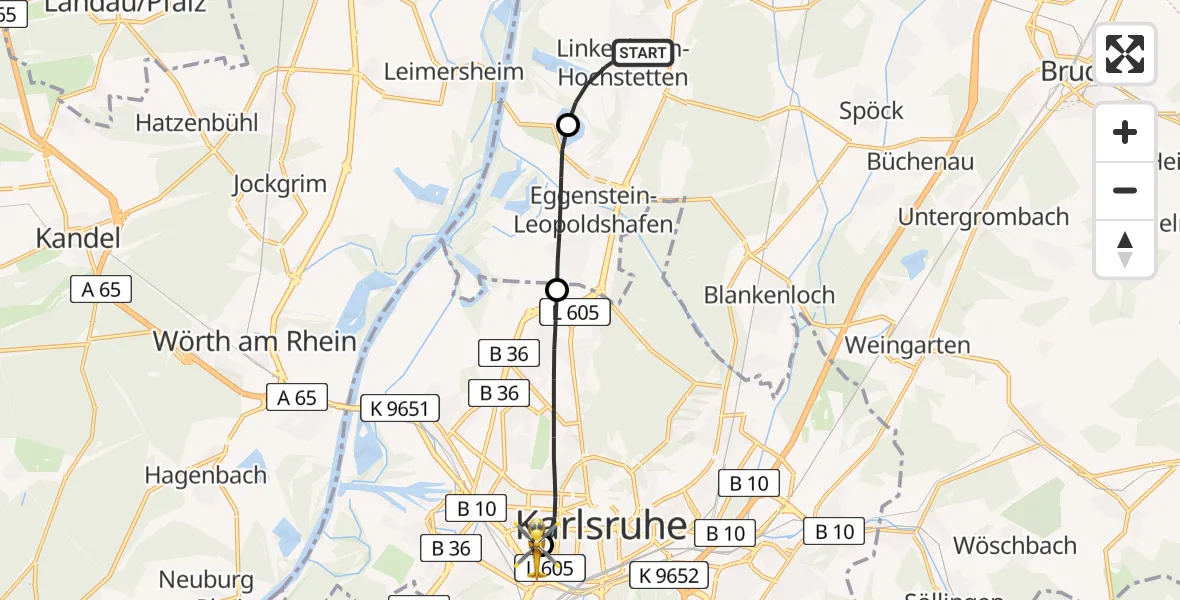 Flugroute Rettungshubschrauber Linkenheim-Hochstetten - Sankt Vincentius Hospital, 17 Mai 2026, 19:07
