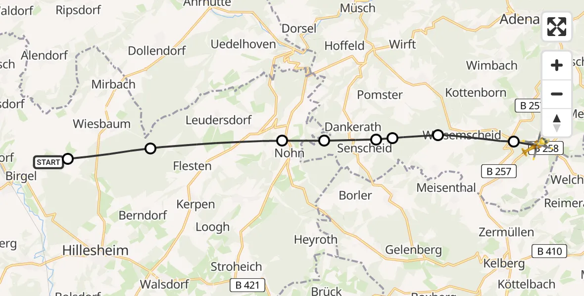 Flugroute Ambulanzhubschrauber Birgel - Nürburgring Hubschrauberlandeplatz, 17 Mai 2026, 19:08