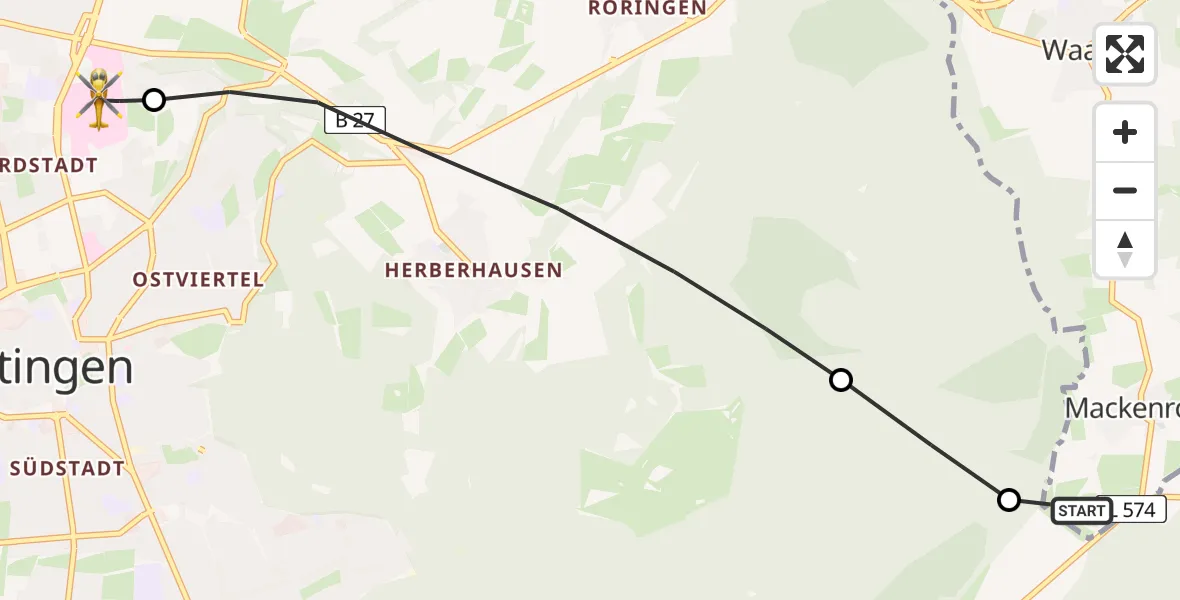 Flugroute Rettungshubschrauber Landolfshausen - Göttingen University Clinic Hubschrauberlandeplatz, 17 Mai 2026, 19:15